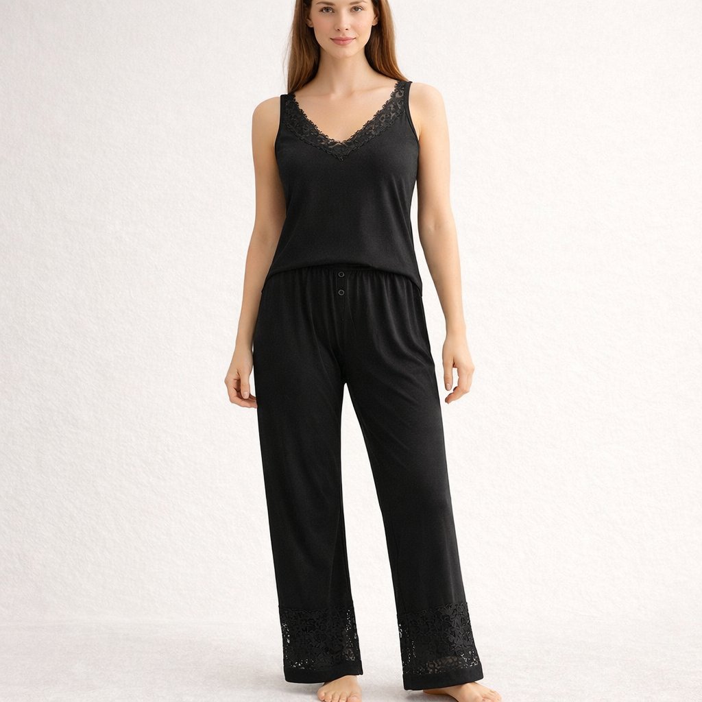 New Flora Nikrooz Lace Trim Pajama Set Black 2pc Small Sleepwear